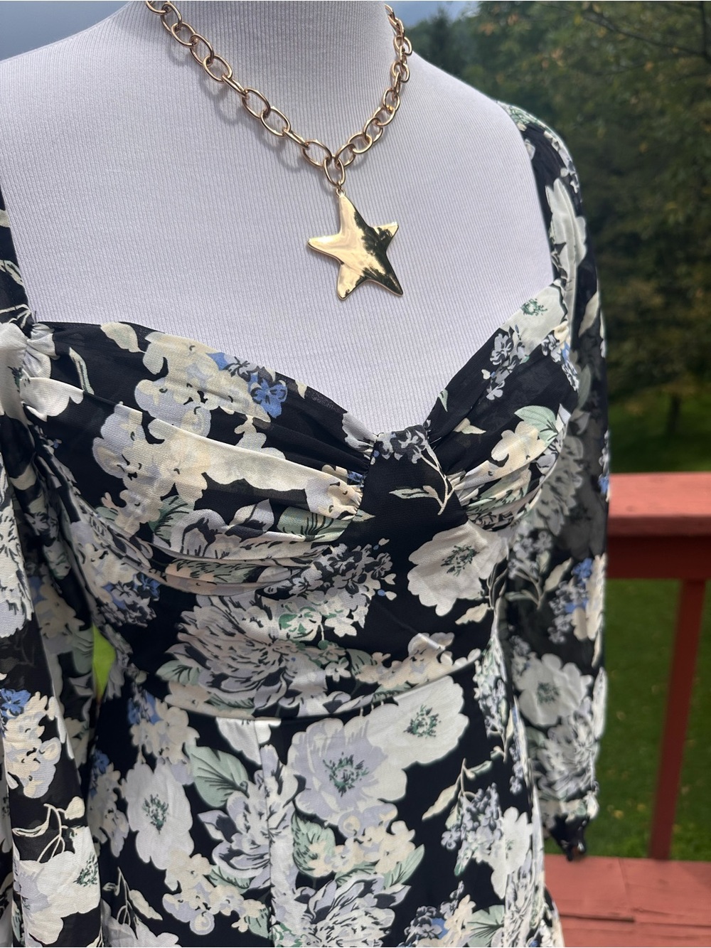 Urban Outfitters Love Triangle Black Floral Balloon-Sleeve Sweetheart Mini Dress - Picture 3 of 7